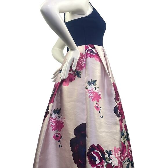 Nights By Teeze Me Strappy Velour Top Floral Bottom Gown Dress Navy Pinks 5/6 - Picture 5 of 16